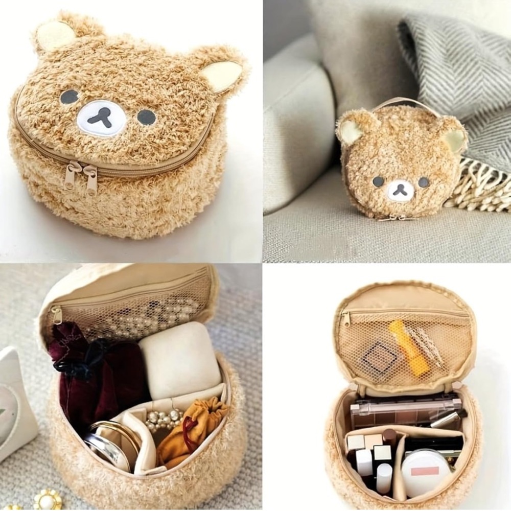 NWT No Label Tan Large Capacity Cute Teddy Bear Travel Organizer Pouch